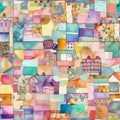 Whimsical abstract geometric seamles pattern with multicolored objects for textile fabric. Generative AI