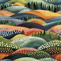 Whimsical Abstract Landscape of Rolling Hills and Autumn Trees