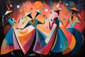 Whimsical abstract shapes in a joyful dance, reminiscent of the holiday spirit