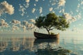 Whimsical adventure boat carrying tree, harmonious blend of nature