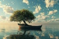 Whimsical adventure boat carrying tree, harmonious blend of nature