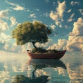 Whimsical adventure boat carrying tree, harmonious blend of nature