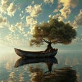 Whimsical adventure boat carrying tree, harmonious blend of nature