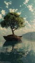 Whimsical adventure boat carrying tree, harmonious blend of nature