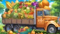 illustration of an abundant harvest on a truck with a little exaggeration