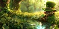 Enchanted forest scene with a magical leprechaun overlooking a sparkling pond. whimsical nature illustration ideal for