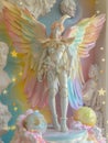 Whimsical Angel Statue with Multicolored Wings Amongst Classical Busts and Cosmic Orbs