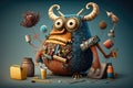 Whimsical animal contorting its body in a silly pose with a backdrop of quirky objects and toys