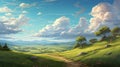 Whimsical Anime Valley Painting With Vibrant Color Fields