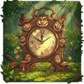 A whimsical, anthropomorphic tree clock stands in a forest clearing. The tree\'s trunk Royalty Free Stock Photo