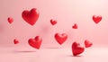 Whimsical arrangement of multiple floating and resting 3D red hearts on a soft pink monochromatic background. Royalty Free Stock Photo