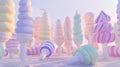 A whimsical array of inflatable ice cream cones in pastel shades stand tall, casting dreamy shadows in a surreal, soft