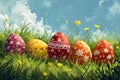 A whimsical array of patterned Easter eggs nestled in green grass against a blue sky, background perfect for spring Royalty Free Stock Photo