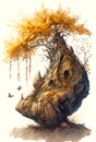 Whimsical art, autumn tree, fantasy illustration, isolated on white