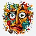 Colorful Cartoon Face With Swirls And Eccentric Figuratives