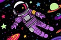 A whimsical astronaut illustration with colorful planets, stars, and comets against a dark space canvas Royalty Free Stock Photo