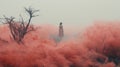 Whimsical Australian Tonalism: Girl Standing In Red Smoke And Fog