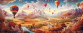 Whimsical Balloon Adventure: whimsical panorama featuring a hot air balloon adventure in a fantastical world panorama