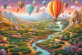 Whimsical Balloon Adventure: whimsical panorama featuring a hot air balloon adventure in a fantastical world