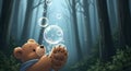 Whimsical bear in a misty forest blowing magical bubbles at sunrise Royalty Free Stock Photo