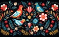 Whimsical Bird and Flower Artwork, Vibrant Folklore Nature Scene