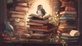 Whimsical birds among piles of ancient books. - AI Generated