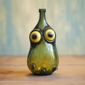 Whimsical Black Glass Bottle With Green Eyes A Cute And Unique Avian-themed Art Piece