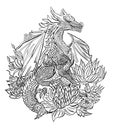 Whimsical black and white dragon amidst blooming flowers,coloring page
