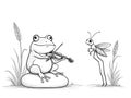 Frog Playing Violin for Grasshopper: Whimsical Black and White Nature-Inspired coloring page Royalty Free Stock Photo
