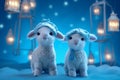 Whimsical blue ambiance with twin lambs and radiant lantern