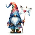 Whimsical blue Gnome s Valentine wear long hat pattern flower. with sign LOVE, clipart