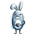 A whimsical blue rabbit stands against a plain gray background, holding a small cup Royalty Free Stock Photo