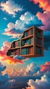 Whimsical bookshelf cloudscape, surreal floating bookshelves, vibrant sky, whimsical clouds, fantastical dreamscape