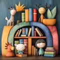 A whimsical bookshelf scene featuring playful characters and colorful books perfect for childrens spaces or educational themes