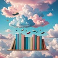 Whimsical bookshelf cloudscape, floating books in the clouds, serene pastel hues, imaginative and dreamy, surreal landscape