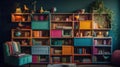 A whimsical bookshelf with various colorful books created with Generative AI