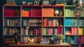 A whimsical bookshelf with various colorful books created with Generative AI