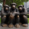 Brass statue of three chimpanzees in park environment