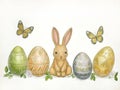 A whimsical bunny surrounded by decorated eggs and butterflies Royalty Free Stock Photo