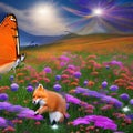 A whimsical butterfly with the body of a fox, fluttering among a field of enchanted flowers5, Generative AI