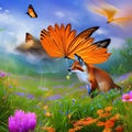 A whimsical butterfly with the body of a fox, fluttering among a field of enchanted flowers4, Generative AI