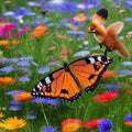 A whimsical butterfly with the body of a fox, fluttering among a field of enchanted flowers2, Generative AI