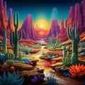 Whimsical Cacti Dancing in a Surreal Desert Landscape