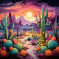 Whimsical Cacti Dancing in a Surreal Desert Landscape