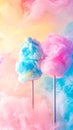 Whimsical candyfloss on sticks, colored in dreamy pink and blue hues, floats amidst a soft, pastel-colored smoke
