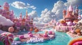 Whimsical candyland with pink castles and fluffy clouds. a concept art illustration in a fairytale style. perfect