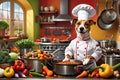 Whimsical Canine Chef: Dog in Chef Attire Mimicking Professional Stance with Humorous Elements, Reminiscent of Ratatouille