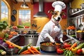 Whimsical Canine Chef: Dog in Chef Attire Mimicking Professional Stance with Humorous Elements, Reminiscent of Ratatouille