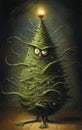 A whimsical caricature of a Christmas tree with lwith eyes and ong needles twisted