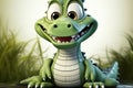 Whimsical cartoon alligator, seated with a beaming, happy expression